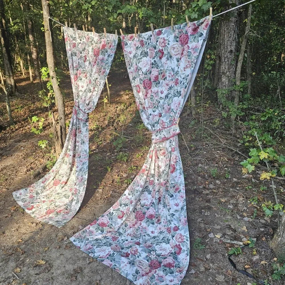 Vintage Rose Curtains Pink Red Floral Cottagecore Drapes Lined Panels Tiebacks